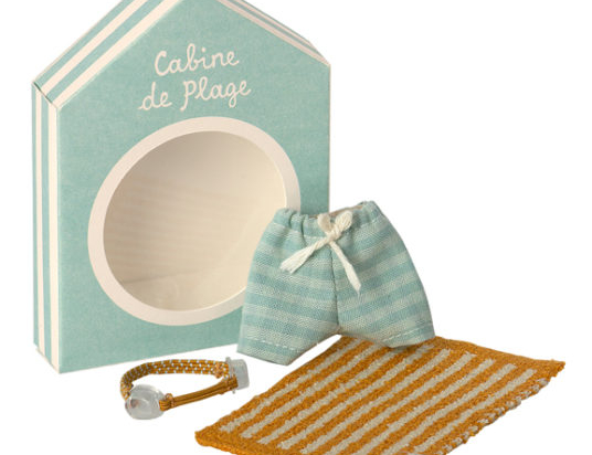 TENUE DE PLAGE POUR GRANDE SOURIS MAILEG – MAILLOT DE BAIN, LUNETTES ET SERVIETTE